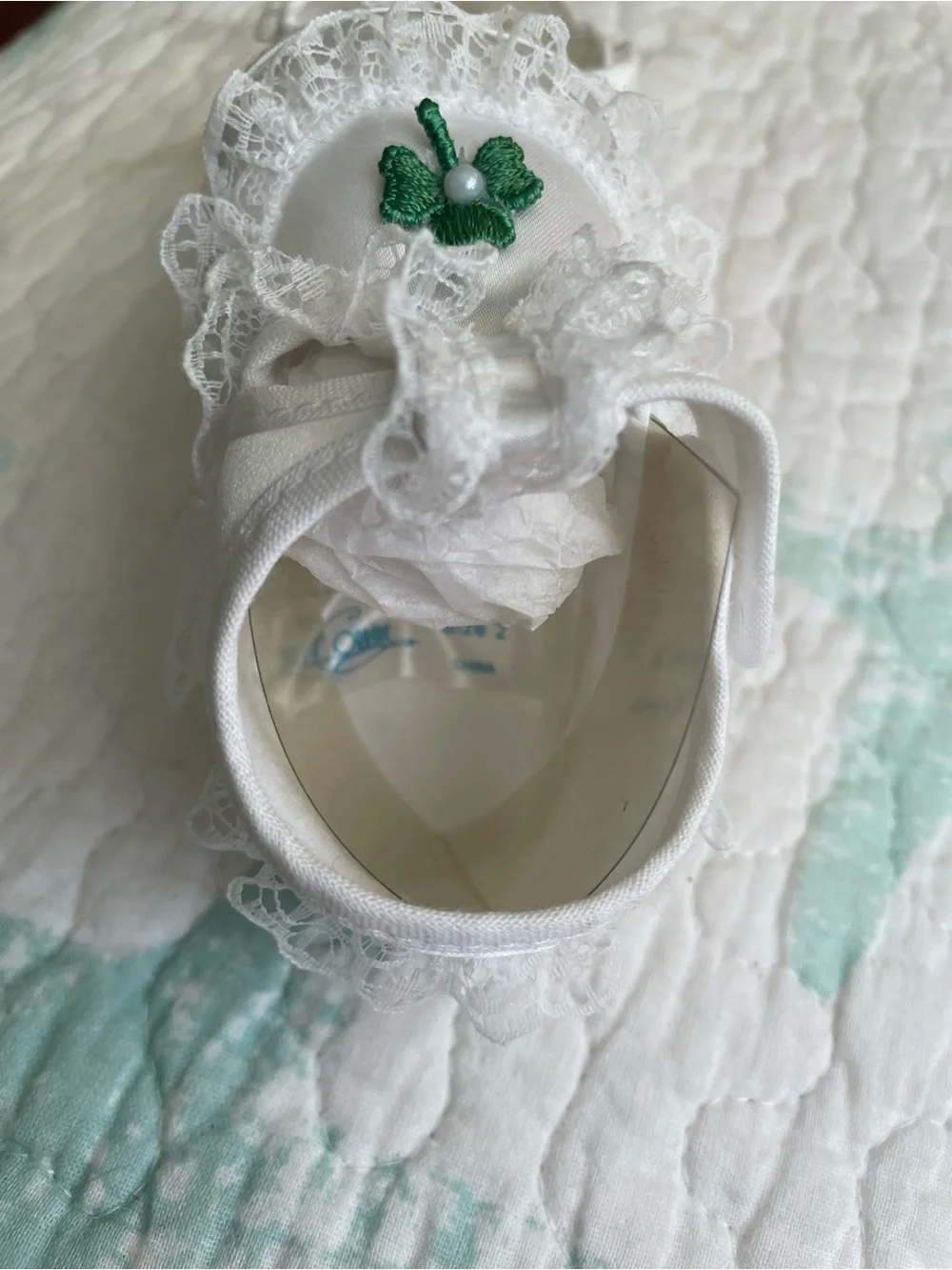 White Lace Baby Walker Shoes with Green Shamrock Accent